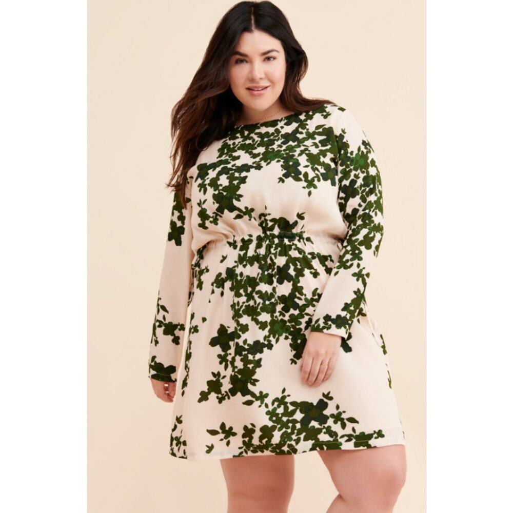 ICHI Ivy Floral Long Sleeve Drawstring Waist Mini Dress‎ Women's 3X Preppy Flowy